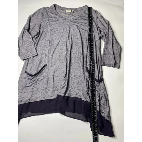 LOGO by Lori Goldstein Stripe Knit 3/4 Sleeve Blouse Asymmetrical Chiffon Trim - Picture 3 of 6